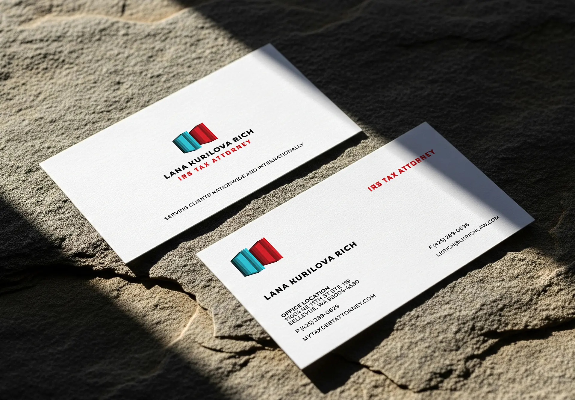 Lana Kurilova Rich. Brand identity business cards by Green Lake Digital
